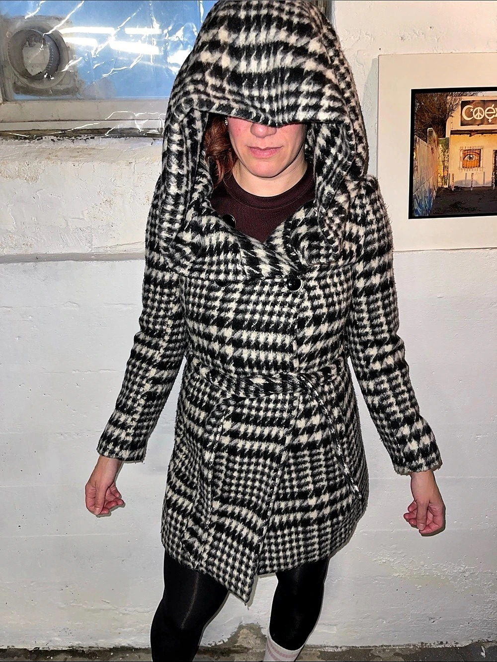 Zara Houndstooth Hooded Coat Size small